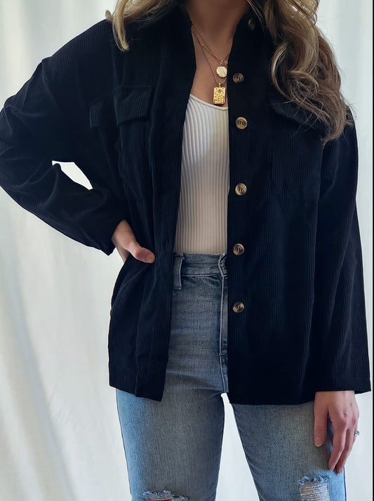 Black Corduroy Button Up Shacket