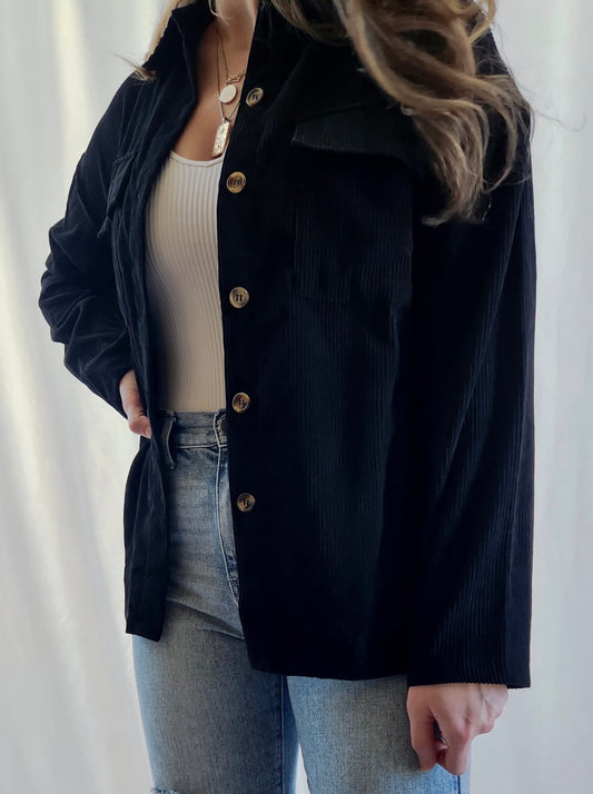 Black Corduroy Button Up Shacket