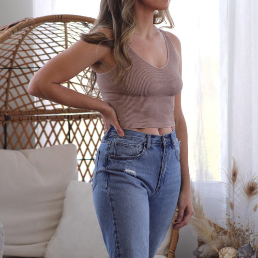 V-Neck Crop Top in Light Chocolate