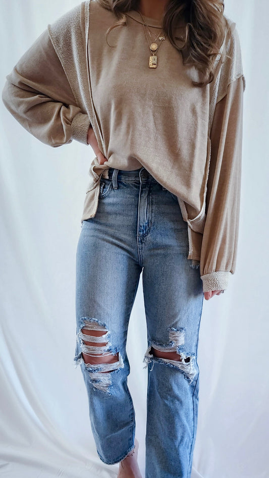 Taupe French Terry Long Sleeve Top
